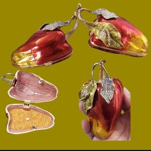 Rare Rucinni Trinket Box Big Red Gold Apple Swarovski Crystals Leaf Gold Trim